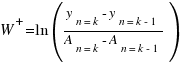 W^+ = ln({y_{n=k}-y_{n=k-1}}/{A_{n=k}-A_{n=k-1}}) W^+ = ln({y_{n=k}-y_{n=k-1}}/{A_{n=k}-A_{n=k-1}})