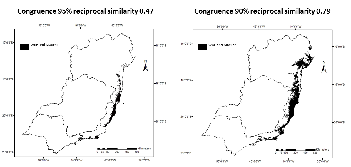 Figure 02: Similarity and disagreement maps comparing Maximum Entropy and Weights of Evidence methods + similarity index.