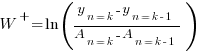 W^+ = ln({y_{n=k}-y_{n=k-1}}/{A_{n=k}-A_{n=k-1}})